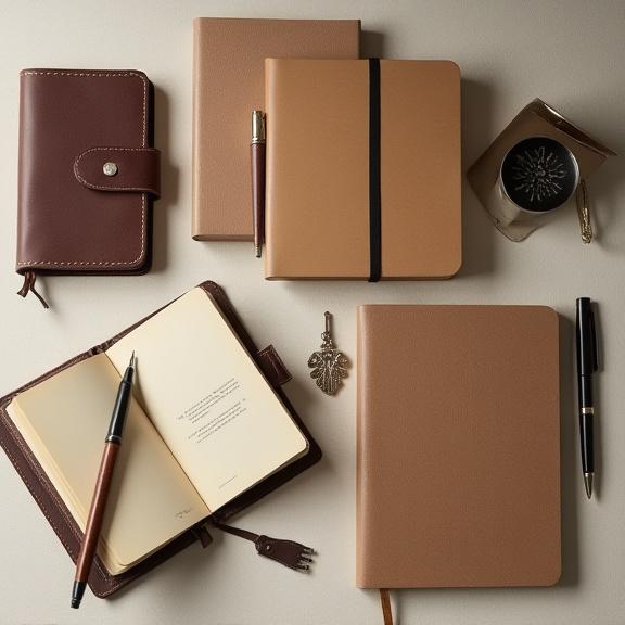 Una selezione di quaderni artigianali e merchandise letterario.