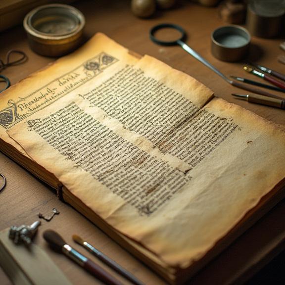 Un antico manoscritto in fase di restauro su un tavolo da lavoro.